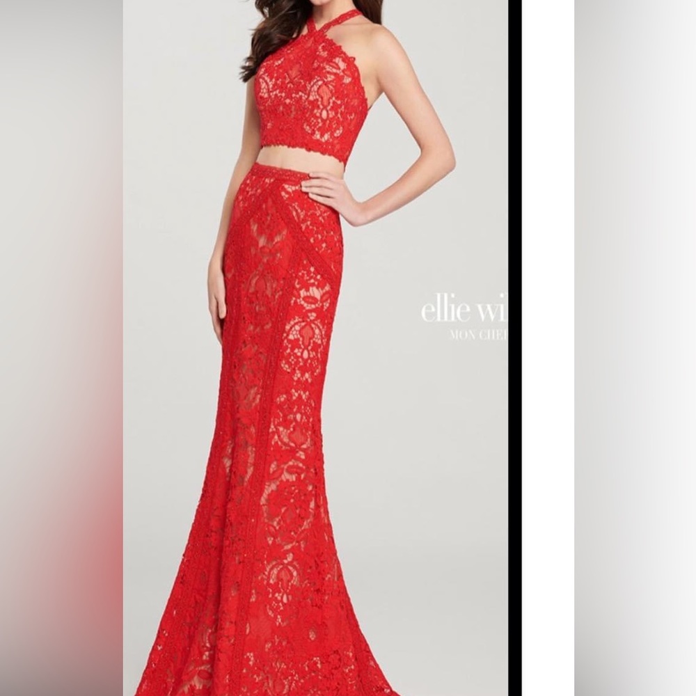 Red Lace 2 piece Ellie Wilde prom dress